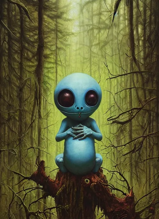 Prompt: cuddly friendly alien in the woods by a river gorgeous lighting, lush forest foliage blue sky a hyper realistic painting by chiara bautista and beksinski and norman rockwell and greg rutkowski, tom bagshaw weta studio, and lucasfilm