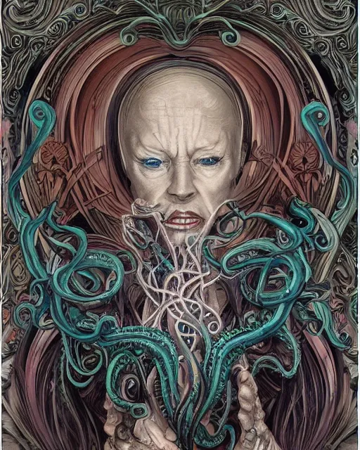 Image similar to centered horific detailed front view portrait of a crazy old woman with ornate tentacles growing around, ornamentation, flowers, elegant, beautifully soft lit, full frame, by wayne barlowe, peter mohrbacher, kelly mckernan, h r giger