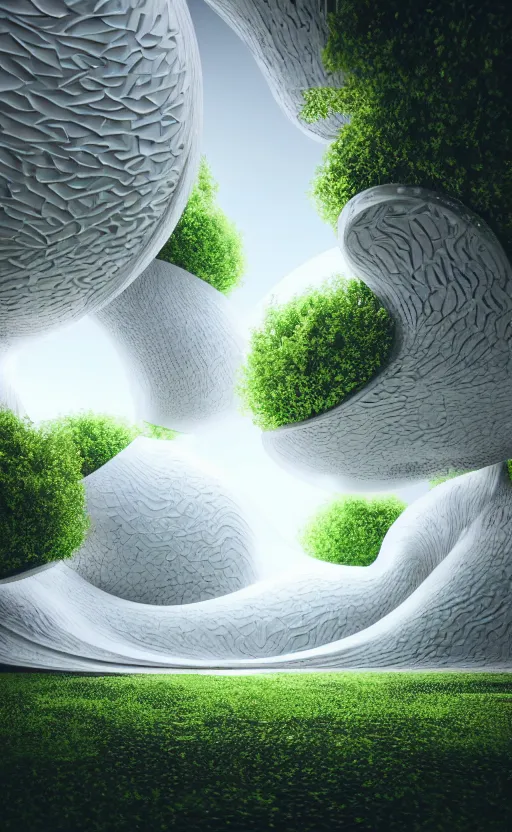 Image similar to highly detailed ultra sharp 3 d render cinematic composition of a smooth ceramic porcelain magnolia stone fluid fractal sci - fi surreal architecture landscape, white marble, magnesium, foliage, archviz, vincent callebaut composition, mamou - mani, beautiful lighting, 8 k, unreal engine, hdr, dof