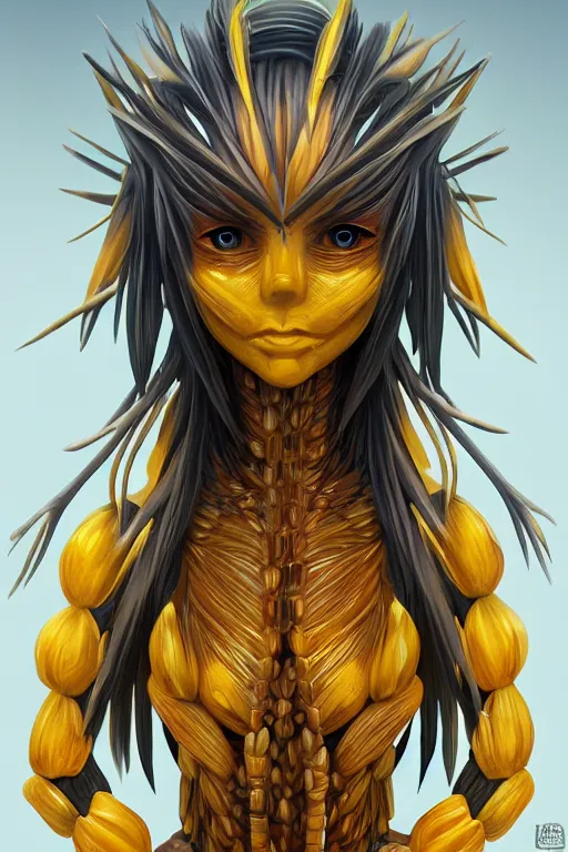 Image similar to a humanoid figure made of corn, highly detailed, digital art, sharp focus, trending on art station, amber eyes, anime art style