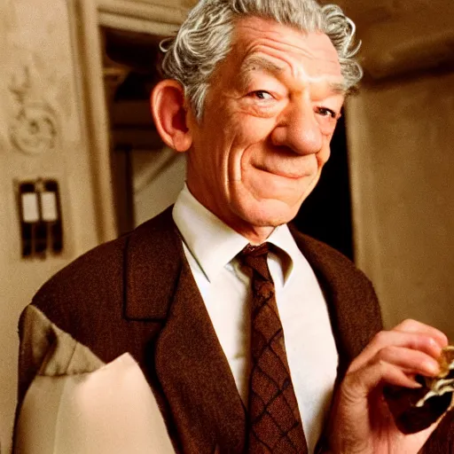 Image similar to film still of ian mckellen disappointed by a sandwich