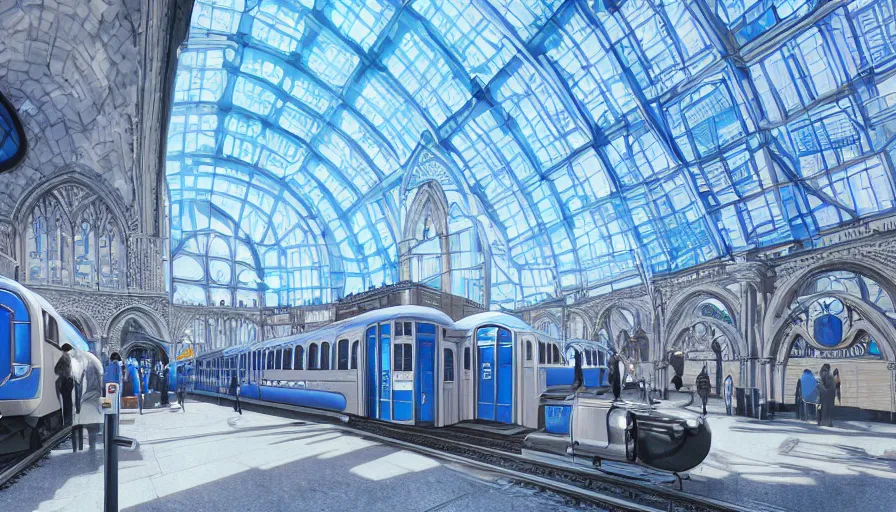 Image similar to futuristic neo - gothic london's church train station with blue windows and giant white dome on top, day, hyperdetailed, artstation, cgsociety, 8 k