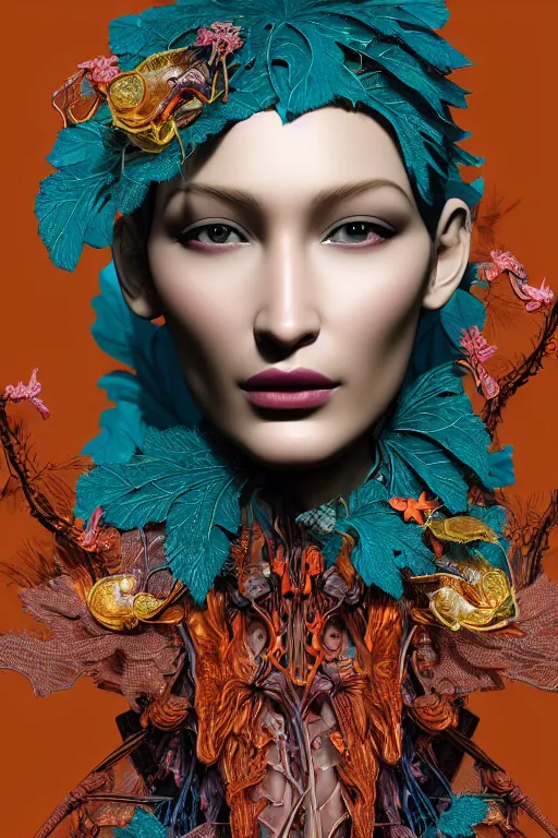 Prompt: cinema 4d colorful render, organic, dark scene, ultra detailed, of a porcelain beautiful bella hadid face. biomechanical, analog, macro lens, hard light, big leaves and large orange Dragonflies, stems, roots, fine foliage lace, turquoise gold magenta green details, high fashion haute couture, art nouveau fashion embroidered, intricate details, mesh wire, mandelbrot fractal, anatomical, facial muscles, cable wires, elegant, hyper realistic, in front of dark flower pattern wallpaper, ultra detailed