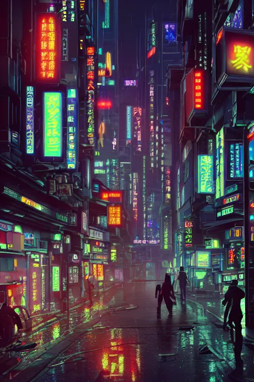 Image similar to isometric view of a cyberpunk neo-Tokyo street with illuminated signs and wet pavement, by Andrei Riabovitchev, Shaun Tan, Peter Mohrbacher and Takayuk, cinematic, realistic, intricate detail, finely detailed, small details, extra detail, photorealistic, high resolution, 3D, PBR, path tracing, volumetric lighting, octane render, arnold render, 8k