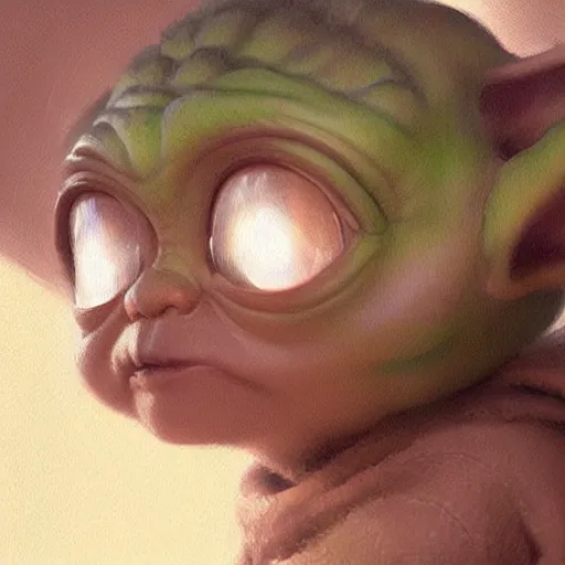 Image similar to very detailed masterpiece painting of baby yoda, portrait, artstation, concept art by greg rutkowski