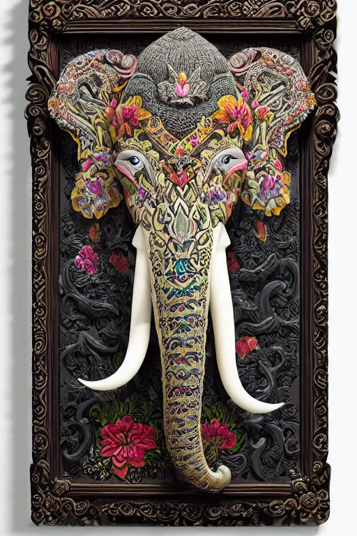 Image similar to Painted dark-wood panel relief carving of a Flowerpunk Matriarch Elephant, ornate border frame, explosion of colorful flowers, dark wood, intricately carved, black ink, festival of rich colors, intricate details, cinematic lighting, volumetric lighting, post-processing, by andreas rocha and john howe, and Martin Johnson Heade, featured on artstation, featured on behance, golden ratio, hyper detailed, photorealistic, epic composition, center spotlight, f32, well composed, UE5, 8k