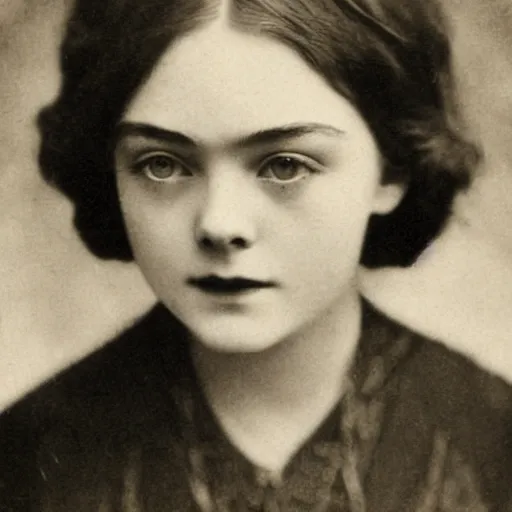 Prompt: Headshot edwardian photograph of Elle Fanning, 1910s, 1900s, 1920s, grainy, victorian, detailed, by Eveleen Myers