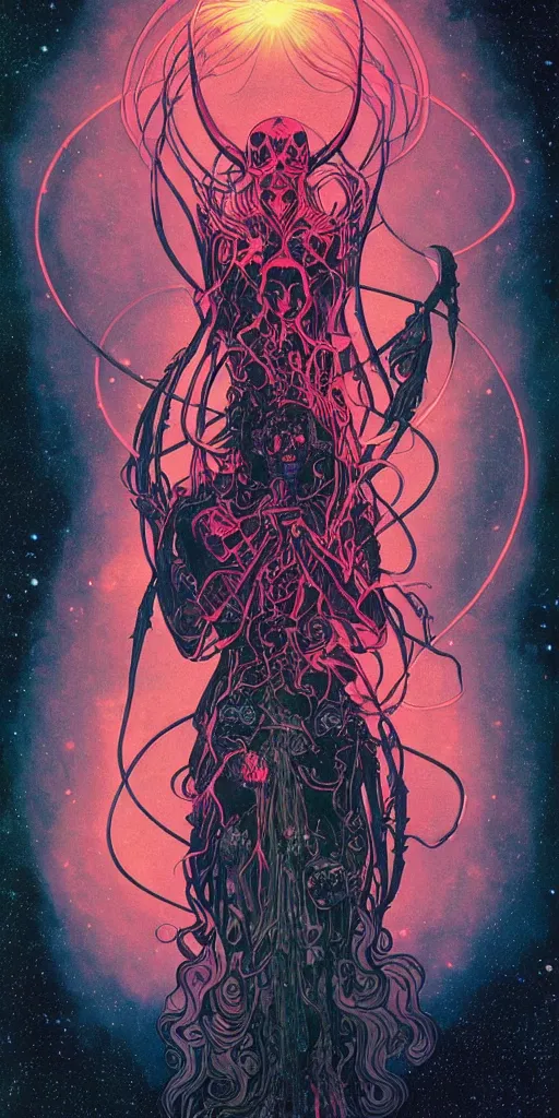 Image similar to intense glowing black metal pagan god with spider eyes and spider legs with a skull in very dark cosmic nebula by josan gonzales and moebius and alphonse mucha, portrait, light beams, lens flare, studio muti, malika favre, rhads, makoto, black and red and teal
