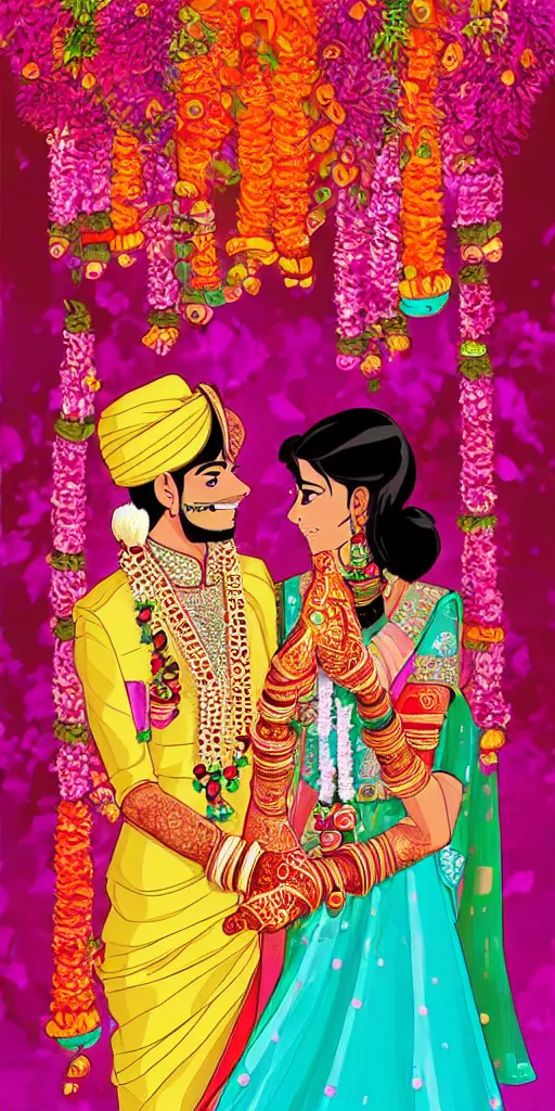 Image similar to beautiful indian wedding, very colorful, very cute, studio ghibli lighting, digital art, art of the day, best art award