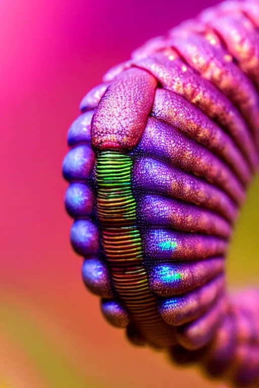 Image similar to high quality macro photo iridescent mutant caterpillar! cute highly detailed david ligare elson peter cinematic pink lighting high quality low angle hd 8k sharp shallow depth of field