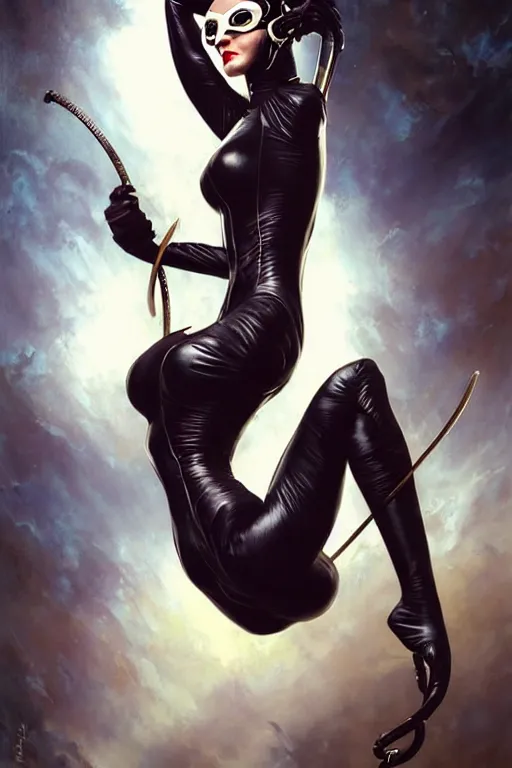 Image similar to aeon flux as catwoman picture by Greg Rutkowski, dynamic pose, flawless, matte painting, intricate, fantasy concept art, elegant, by Stanley Artgerm Lau, WLOP, golden ratio, thomas kindkade, alphonse mucha, loish, Peter chung, norman Rockwell,