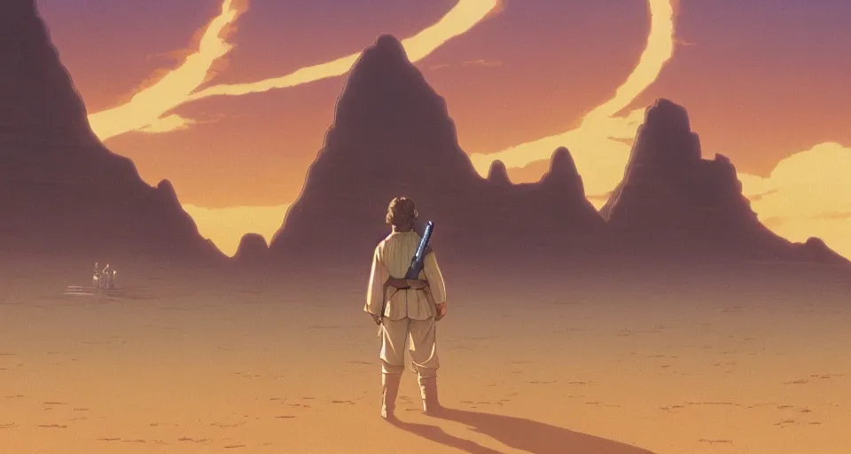 Image similar to beautiful wide shot tatooine landscape, obi wan kenobi, Luke skywalker, Star Wars a new hope 1977, studio ghibli, Miyazaki, Greg rutkowski, Jean girard, Moebius , animation, golden hour, highly detailed, 70mm