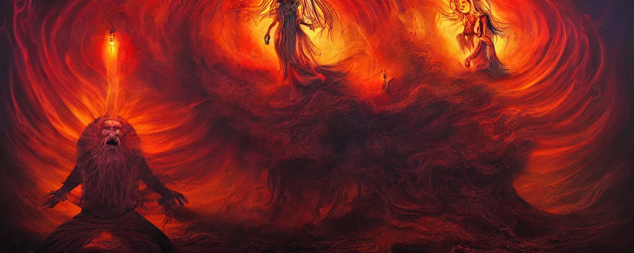 Image similar to personified emotion and thought creatures repressed in the depths unconscious of the psyche lead by baba yaga, about to rip through and escape in a extraordinary revolution, dramatic fiery lighting, surreal painting by ronny khalil