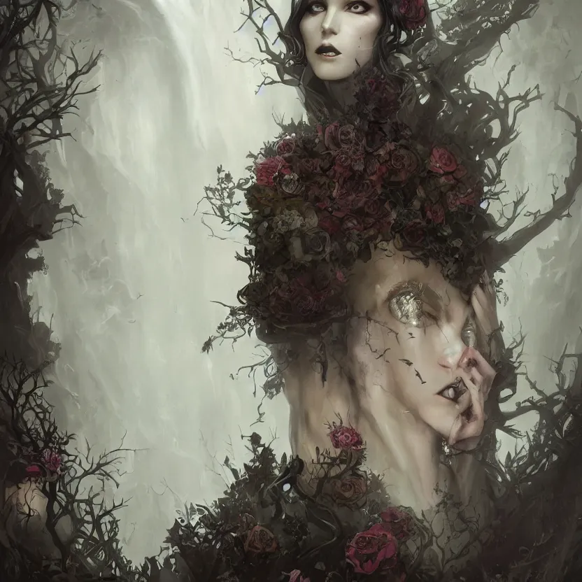 Prompt: portrait of a Gothic goddess of floral rivars, mystical, dark and mysterious, atmospheric, ominous, eerie, cinematic, Epic, 8k, 4k, ultra detail, ultra realistic, rendered by Peter Mohrbacher, Artstation, fantasy art