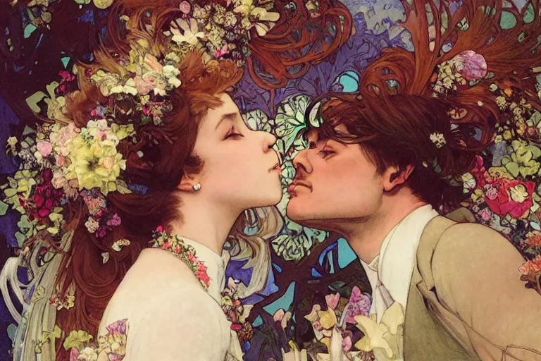 Image similar to the groom kisses the bride at a wedding full of flowers, bright and happy, dreamlike art, highly detail, 4 k realistic, wedding photoy krenz cushart. artem demura. alphonse mucha. yoji shinkawa artgerm. jon lothian. danilo torres. adi meyers. thomas reimann. gaston bussiere.