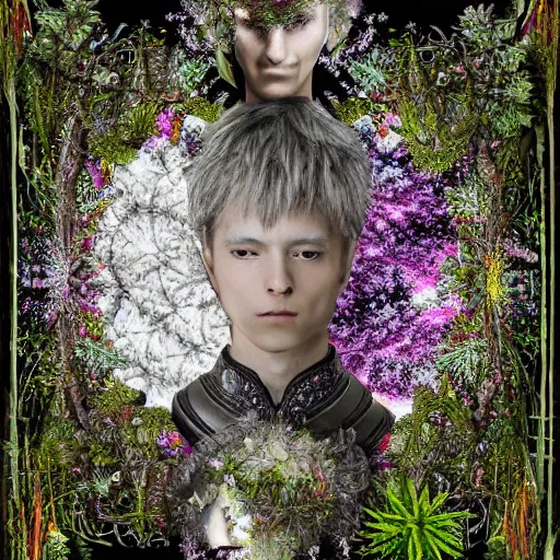 Image similar to a male knight, stern face, clear eyes, in a dark forest, shining armour made of steel and flowers, and fractal flowery hair in a fractal garden, glowing delicate flower, berries and ferns that grow in a dark fantasy forest, full frame,