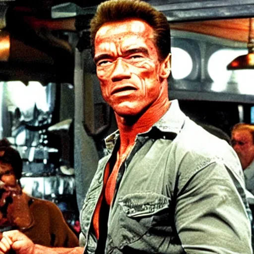 Prompt: the Arnold Schwarzenegger as the Terminator in a bar