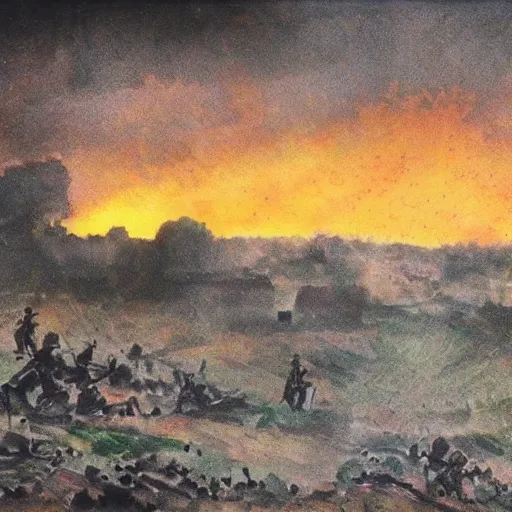 Prompt: battle of the somme sunset, explosions in the background