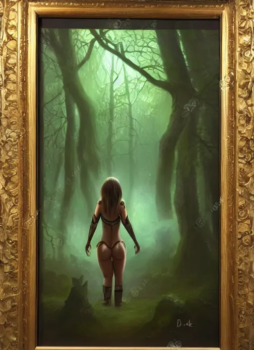 Image similar to A hyperrealistic fantasy portrait painting of a female elf with curvy body in a lush dark atmospheric lightning forest, DAZ, hyperrealistic, ambient light, dynamic light
