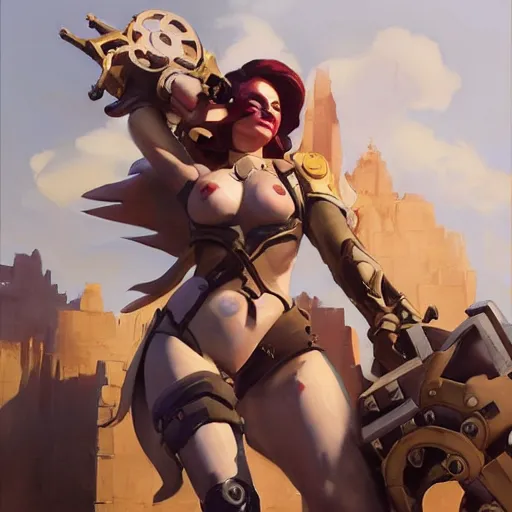 Image similar to greg manchess portrait painting of partially armored jinx from arcane as overwatch character, medium shot, asymmetrical, profile picture, organic painting, sunny day, matte painting, bold shapes, hard edges, street art, trending on artstation, by huang guangjian, gil elvgren, ruan jia, greg rutkowski, gaston bussiere