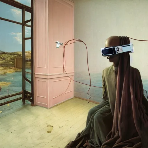 Image similar to hyperrealistic liminal spaces, David Friedrich, award winning masterpiece with incredible details, Zhang Kechun, a surreal vaporwave vaporwave vaporwave vaporwave vaporwave painting by Thomas Cole of an old pink mannequin head wearing VR goggles with cables and wires coming out of it's neck, highly detailed