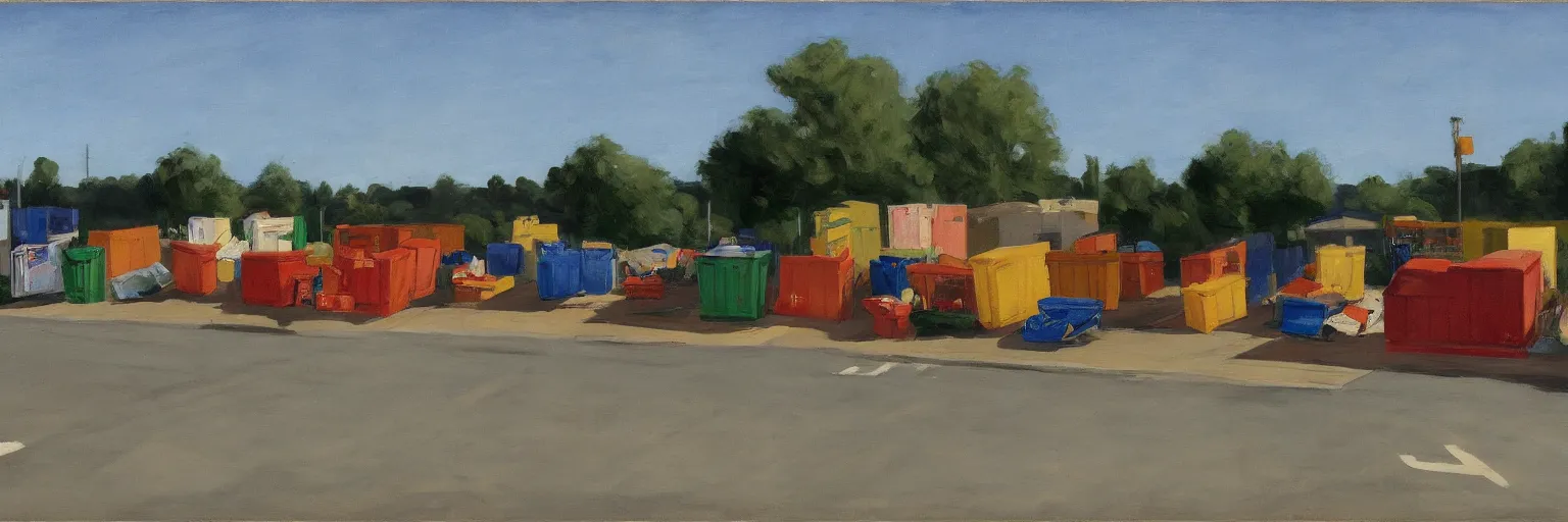 Image similar to Dumpsters by the parking lot behind a Walmart in a North American suburban strip mall by Edward Hopper