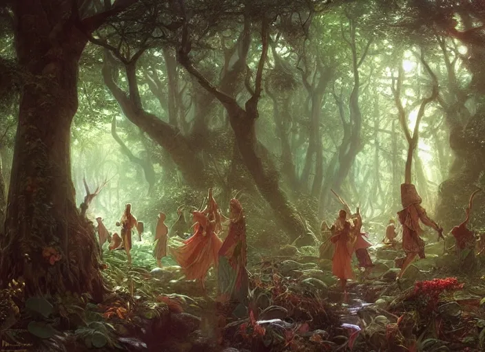 Image similar to an image of a beautiful mythical fantasy forest filled with dancing elves and fairies, by Stanley Artgerm Lau , greg rutkowski, thomas kindkade, alphonse mucha, loish, norman Rockwell