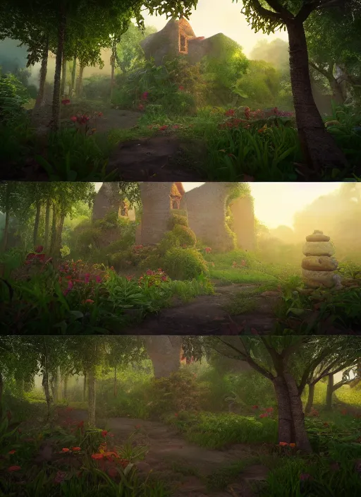 Image similar to subsurface scattering, medieval village in the middle of lush forest, in the style of moana, cinematic lighting, 8 k