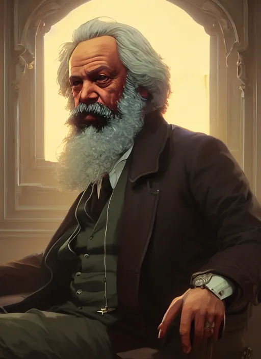 Image similar to highly detailed portrait karl marx in gta v, stephen bliss, unreal engine, fantasy art by greg rutkowski, loish, rhads, ferdinand knab, makoto shinkai and lois van baarle, ilya kuvshinov, rossdraws, tom bagshaw, global illumination, radiant light, detailed and intricate environment