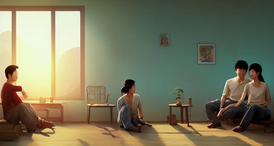 Image similar to wide shot of asian couple hugging at each other, sitting in rural living room, group of mechanical fans placing around the room, day light, colorful mood, high details, octane render, 8 k, digital illustration by kyuyong eom, realistic painting by aivazovsky, james jean, greg rutkowski, anato finnstark