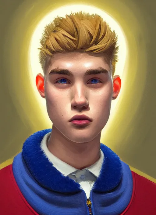 Image similar to portrait of high school senior boy named big moose, blonde short hair, jock, beefy, wide face, square jaw, square facial structure, blue varsity jacket with letter r, intricate, elegant, glowing lights, highly detailed, digital painting, artstation, concept art, sharp focus, illustration, art by wlop, mars ravelo and greg rutkowski