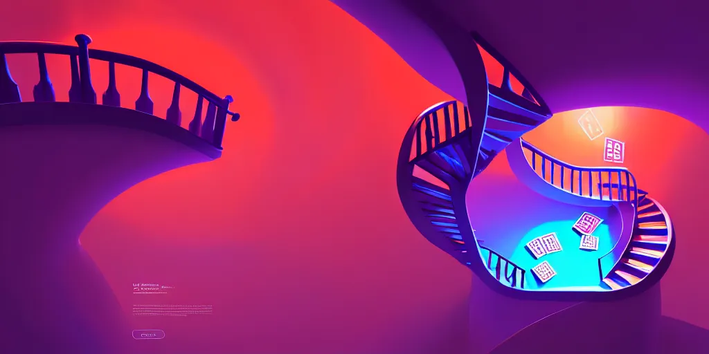 Image similar to spiral lines, minimalistic, extreme wide angle, curved perspective, digital art, subsurface scattering, indoor casino staircase, by anton fadeev, lorax movie, cotton candy smoke, artstation