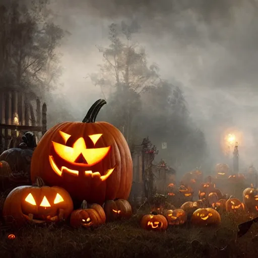 Image similar to halloween harvest festival, volumetric lighting, 8 k octane beautifully detailed render, post - processing, extremely hyper - detailed, intricate, epic composition, cinematic lighting, masterpiece, trending on artstation, detailed detailed detailed, masterpiece, stunning art by anders zorn, wonderful masterpiece by greg rutkowski, beautiful cinematic light,