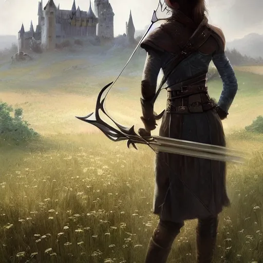 Prompt: a warrior girl with short black hair wearing a gray cloak and boots holding a crossbow standing in a meadow with medieval fantasy landscape with castle in the distance, shot from behind, digital art, by andreas rocha, by greg rutkowski, trending on artstation, 4k, vibrant colors