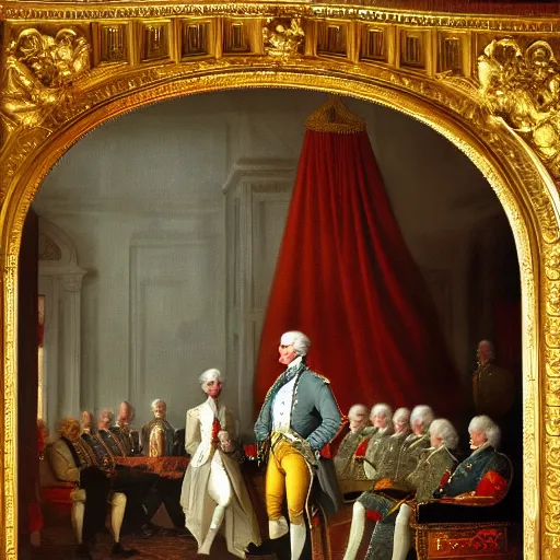 Prompt: george washington meets king george iii at buckingham palace, enlightenment style painting, high quality detail and realistic