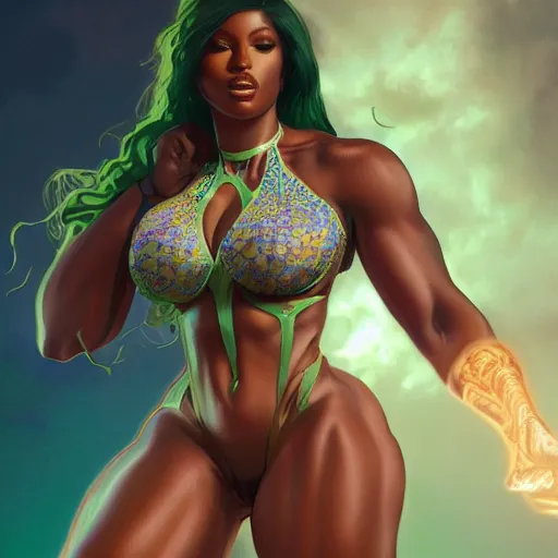 Image similar to full figure ultra realistic illustration, megan thee stallion as she - hulk, intricate, elegant, highly detailed, digital painting, artstation, concept art, smooth, sharp focus, illustration, art by artgerm and greg rutkowski and alphonse mucha