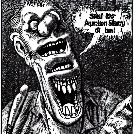 Image similar to a Pop Wonder scary horror themed goofy-hilarious-character r-Crumb, dime-store-comic drawn with charcoal and pen and ink, half-tone-line-stacking