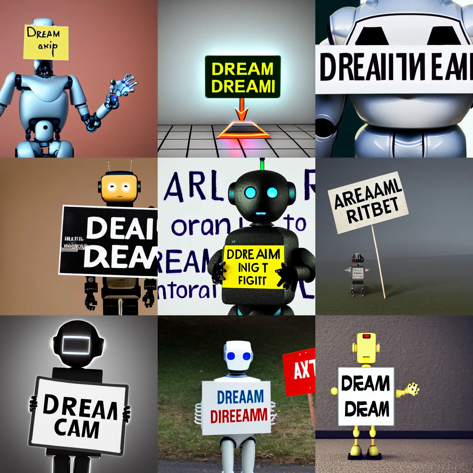 Image similar to realistic high quality photo of artificial intelligence robot holding a sign with text that reads : dream