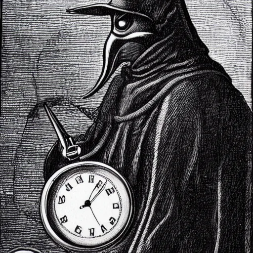 Image similar to Etching art of a plague doctor looking at a pocket watch, intricate, lots of details, 8k