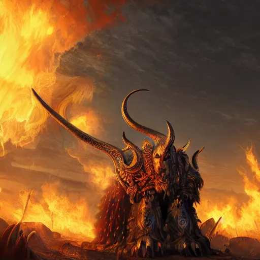 Image similar to ram horned catholic beast brings fire down from the sky, medieval style, trending on artstation, highly detailed, digital painting, volumetric light, concept art, sharp focus, illustration