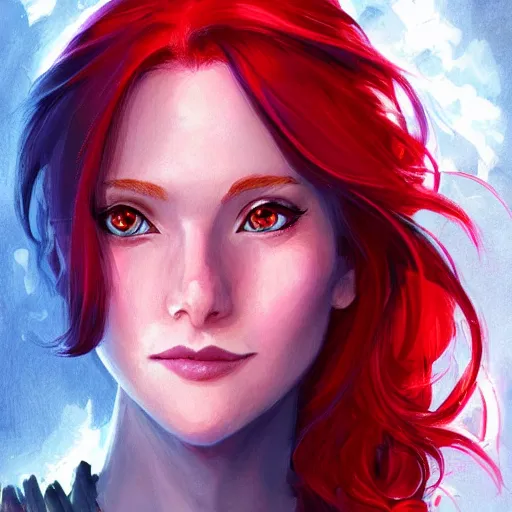 Prompt: a portrait of a young woman with red hair, smart, rich, shallan davar, blue eyes, beautiful, smiling, thick hair, rpg, dnd, artgerm style