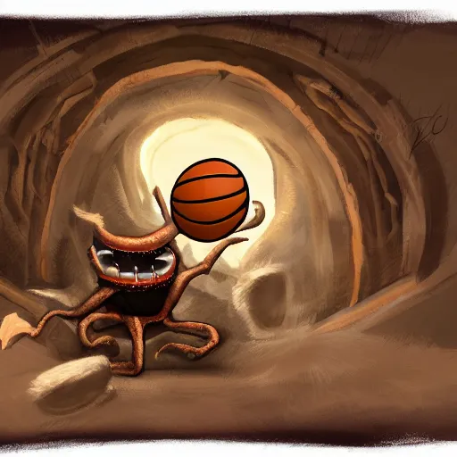 Prompt: a mimic jumping out of it's disguise as a basketball inside of a cave gnarling it's teeth ready to attack, fantasy, digital painting