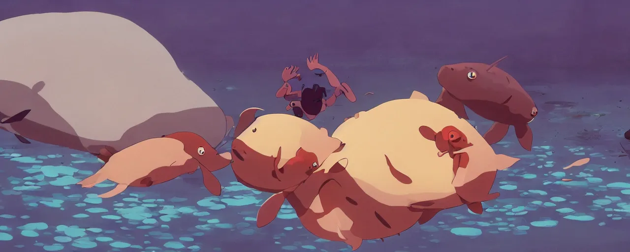 Image similar to piranhas eating a baby harp seal in a tropical river, atey ghailan, goro fujita, studio ghibli, rim light, dark lighting, clear focus, very coherent