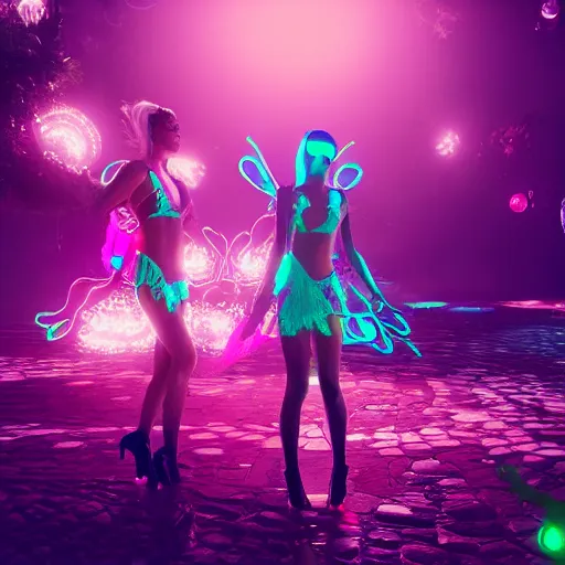 Prompt: neon fluorescent, iridescent sexy fairies cyperpunk 2 0 7 7, unreal engine 5, 8 k ultra realistic, hyperdetailed, volumetric lighting, extremely high quality