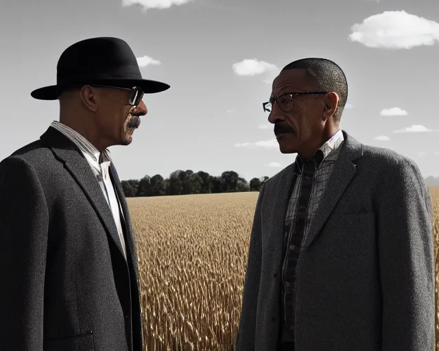 Image similar to walter white and gustavo fring stand facing each other from a distance in a wheat field, long shot, side view, 3 5 mm photograph, 8 k resolution, wide shot, sharp lens