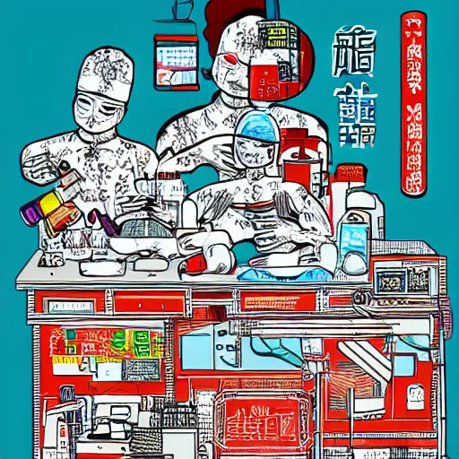 Prompt: chinese surgery operating table, in the style of daniel johnston and outsider art, 8k, line brush, overlaid with chinese adverts