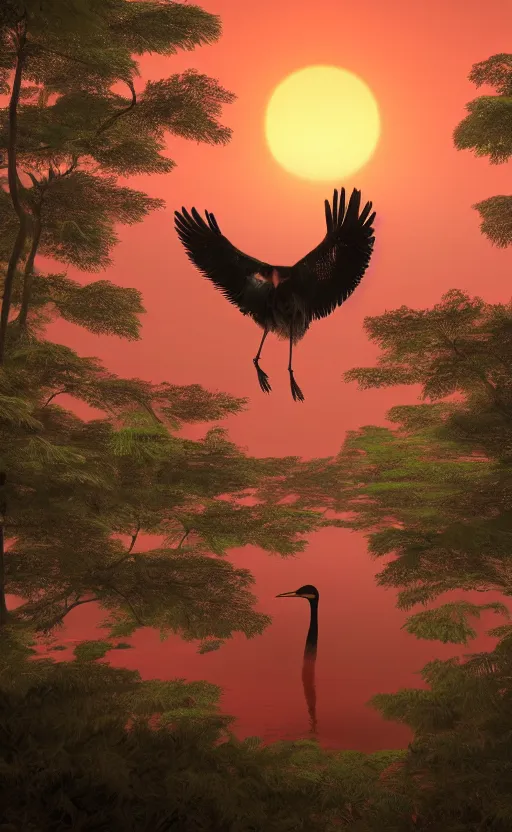 Image similar to rendered in unreal engine 5, a huge japanese crane bird is chilling above a lake in the middle of a forest of japanese pines, a big red sun in the background, front trading card, photorealistic, high details, trending on artstation, 8k, stunning, volumetric lights