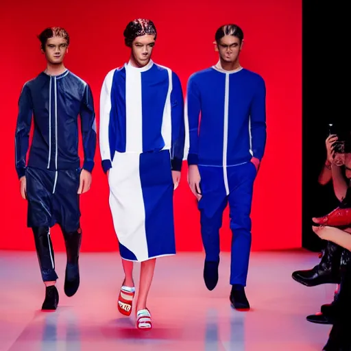 Image similar to fashion by Hugo Boss incorporating red white and blue, brutalist fashion show, studio lighting