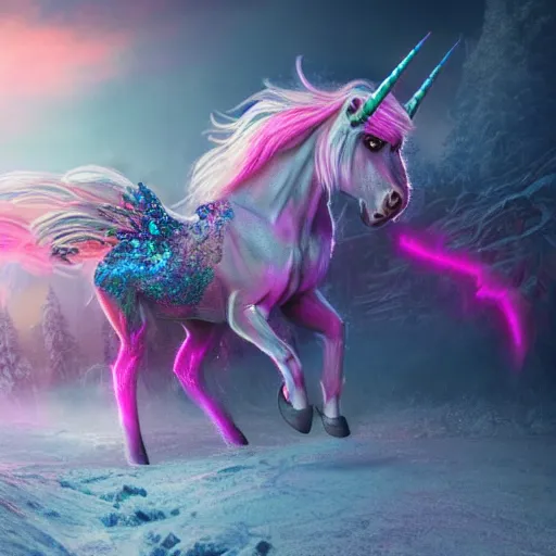 Image similar to a iridescent unicorn with wings is wounded in the snow, trail of blood follows behind it, nuclear winter, toxic smog in the sky, ultra realistic, concept art, intricate details, highly detailed, photorealistic, octane render, 8 k, style of mary jackson