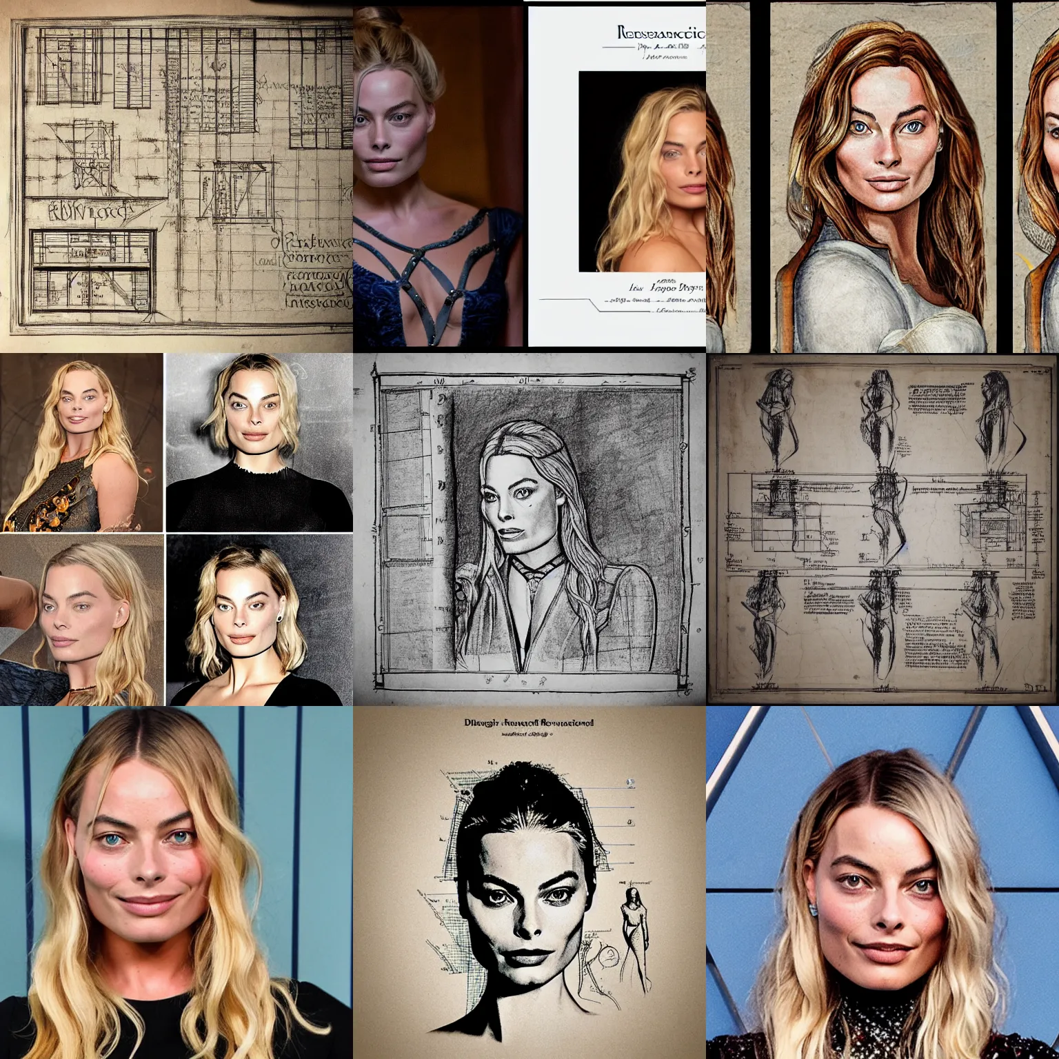 Prompt: renaissance blueprint diagrams of a margot robbie